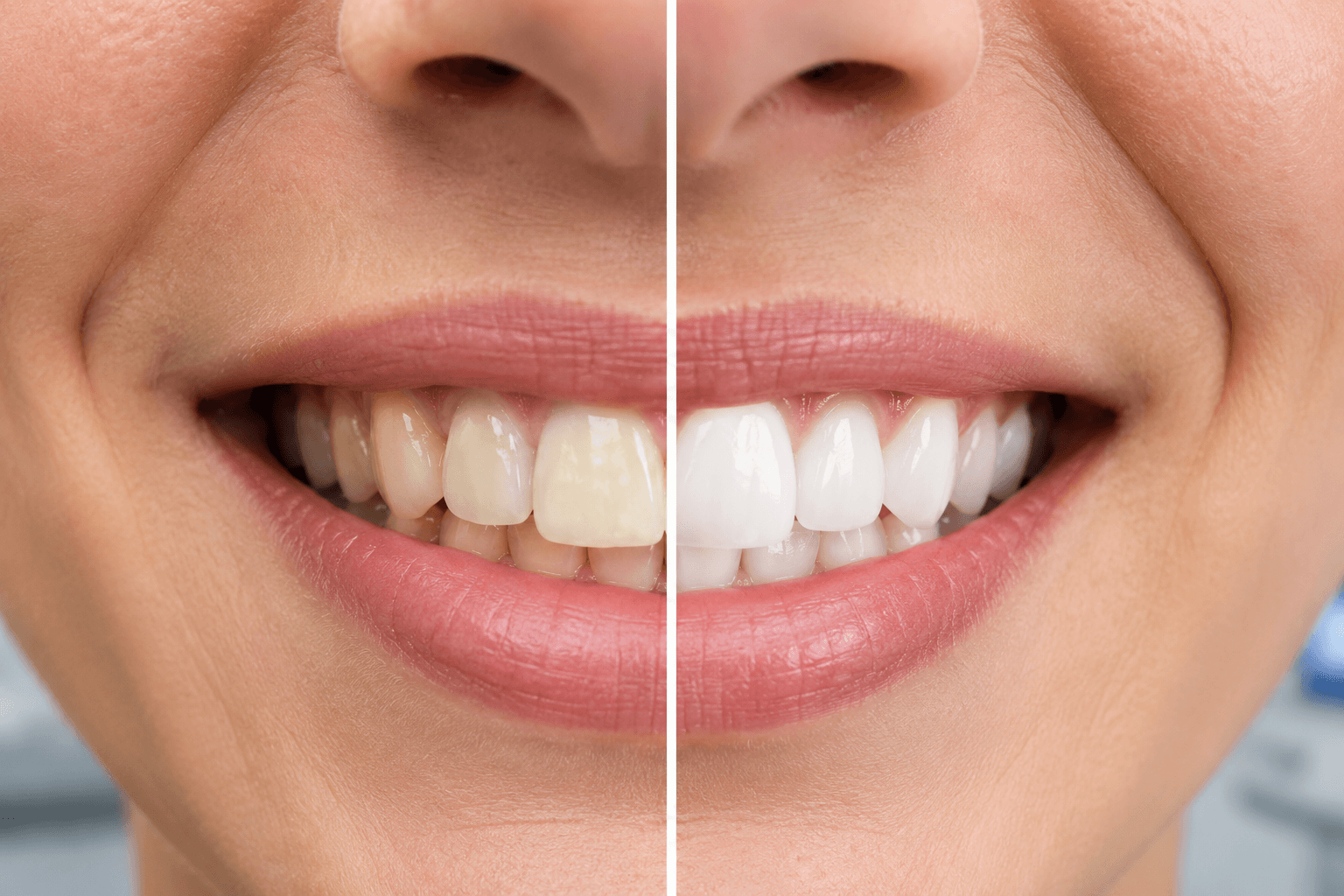 Close-up smile showing dramatic before and after teeth whitening result