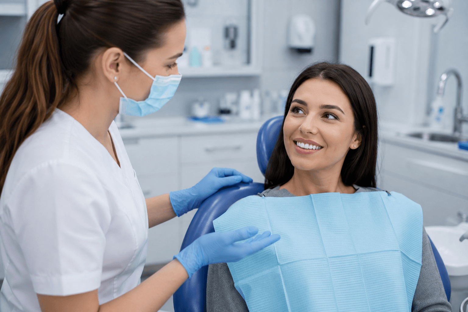 Dental hygienist reassuring a calm patient before treatment