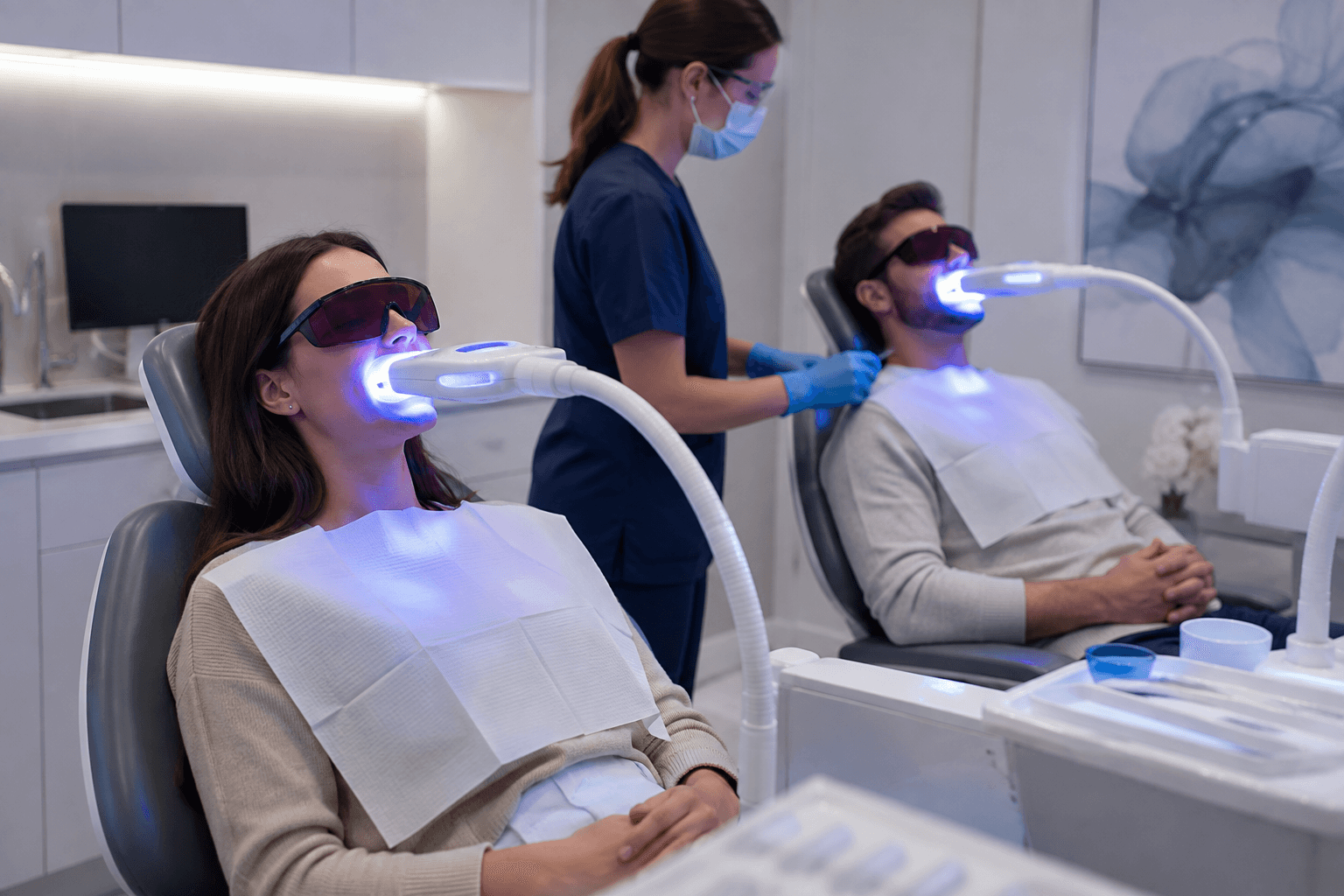 Two people receiving laser teeth whitening treatments during a single home visit