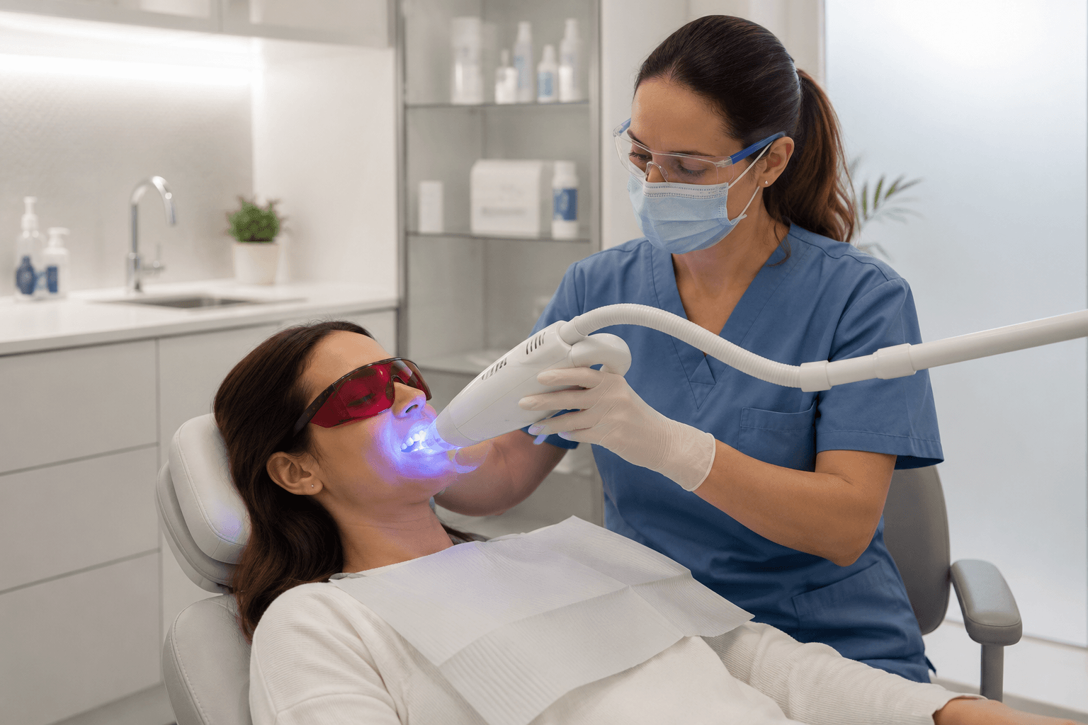 A laser teeth whitening treatment being carried out during a home visit