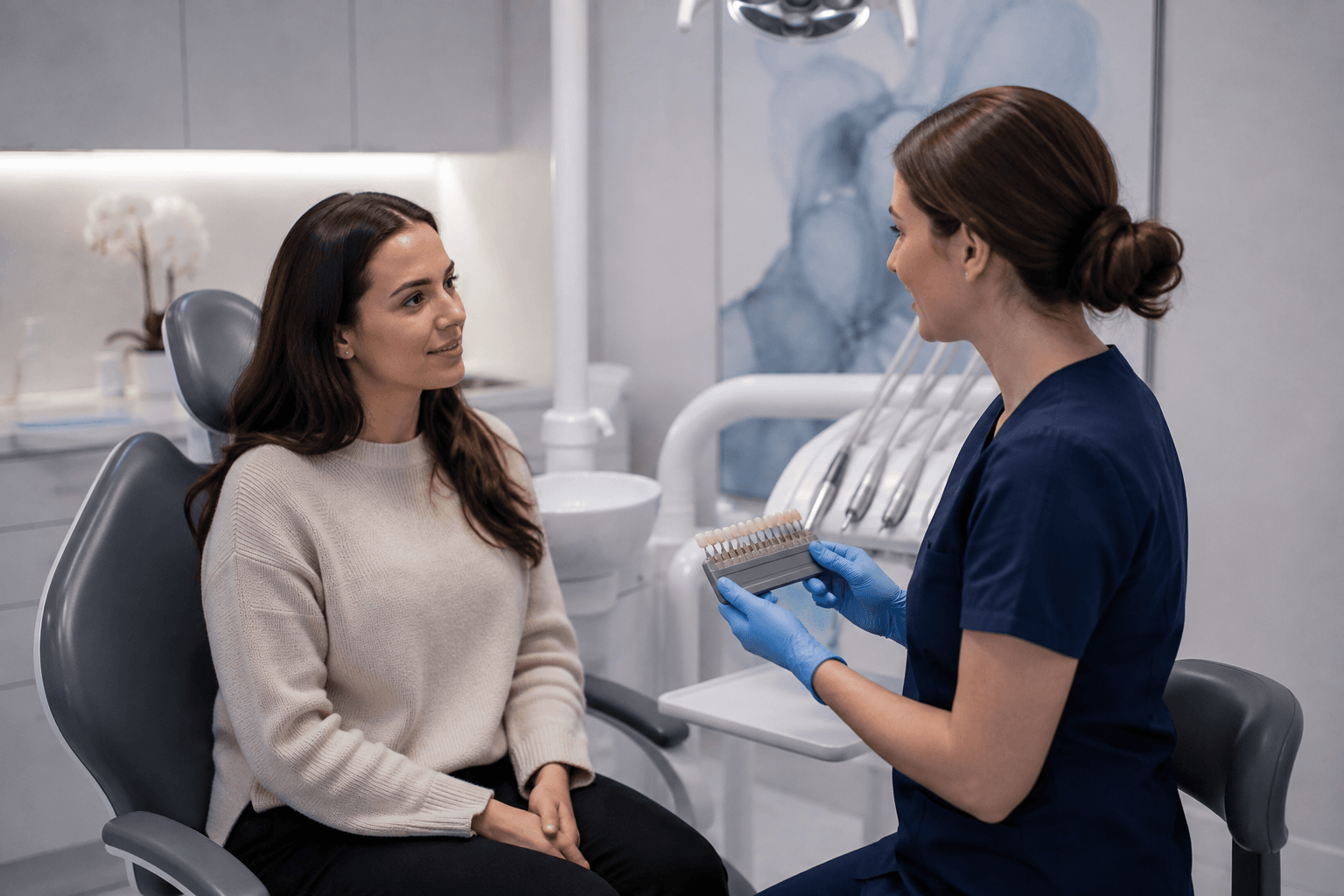 A returning client attending a pre-consultation for a refresh whitening treatment at a local centre